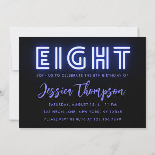 Neon Blue 8th Birthday Invitation