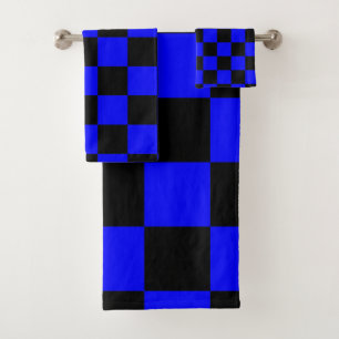Neon Blue and Black Chequered Chequerboard Vintage Bath Towel Set