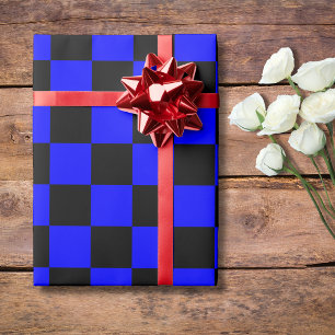 Neon Blue and Black Chequered Chequerboard Vintage Wrapping Paper