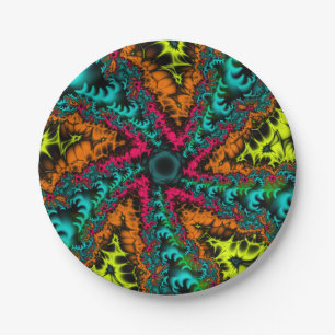 Neon Blue and Orange Fractal Art Paper Plate