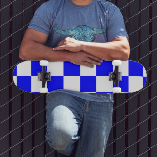 Neon Blue and White Chequered Chequerboard Vintage Skateboard