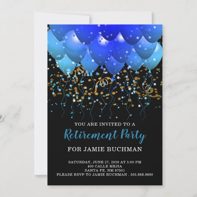 Neon Blue Balloons Retirement Party Invitation (Front)