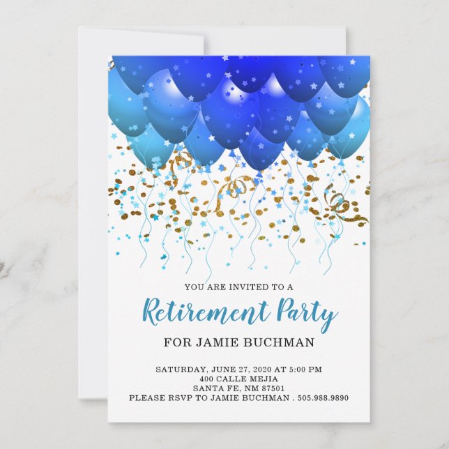 Neon Blue Balloons Retirement Party Invitation (Front)