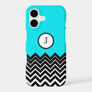 Neon Blue Black White Chevron Zigzag Monogram