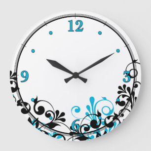 Neon Blue Black White Floral Wall Clock