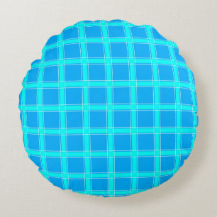 Neon blue bright checked pattern  round pillow