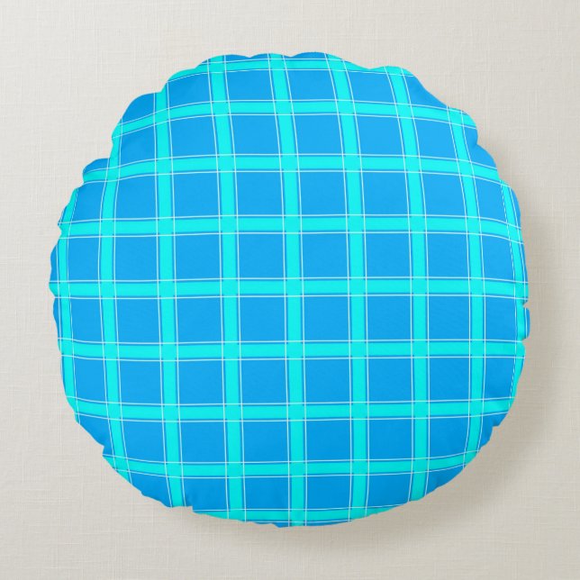 Neon blue bright checked pattern  round pillow (Front)