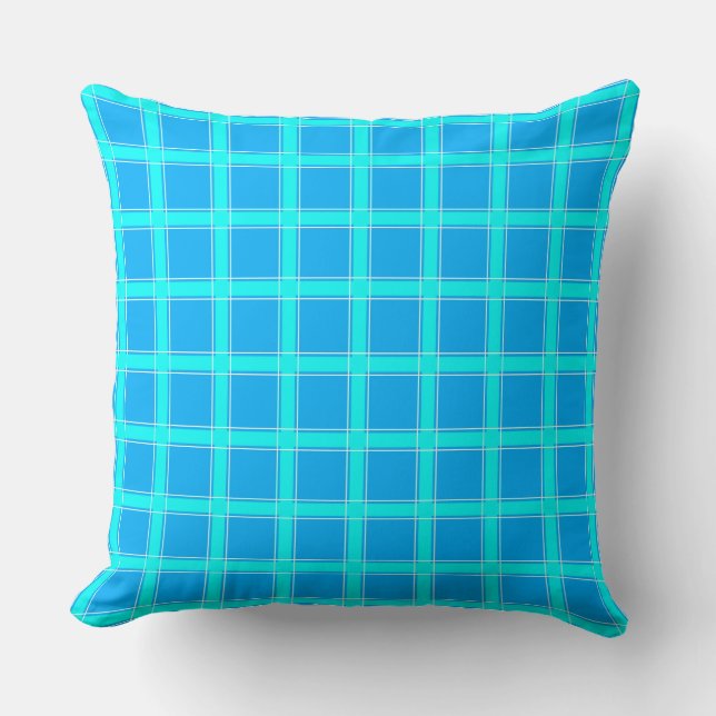 Neon blue bright checked pattern  throw pillow (Front)