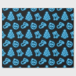 Neon Blue Christmas on Black Wrapping Paper