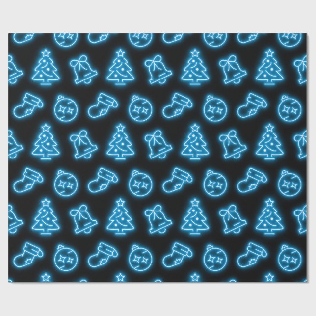 Neon Blue Christmas on Black Wrapping Paper (Flat)