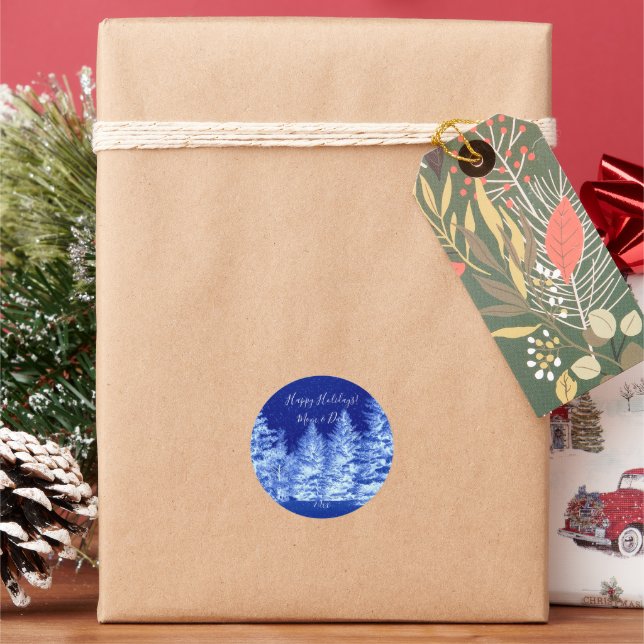 Neon Blue Christmas Tree Classic Round Sticker (Holiday)