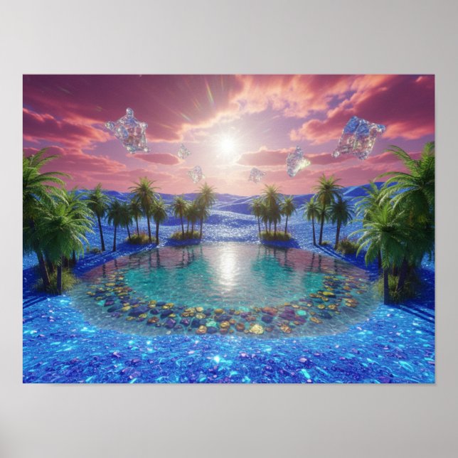 Neon Blue Desert and Floating Crystals Poster (Front)