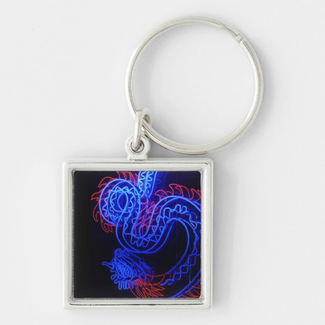 Neon Blue Dragon Black Background Bright Keychain (Front)