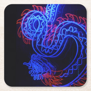 Neon Blue Dragon Black Background Bright Square Paper Coaster