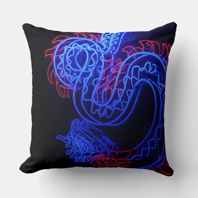 Neon Blue Dragon Black Background Bright Throw Pillow (Front)