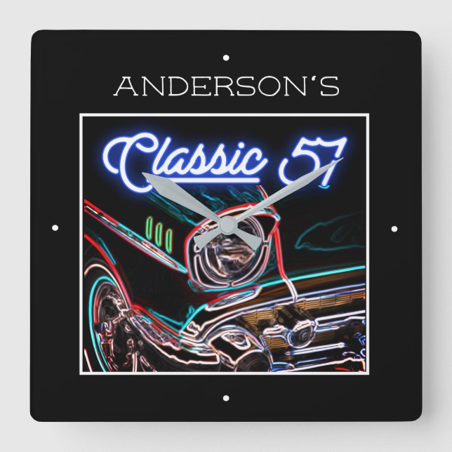 Neon Blue Effect Chevy Classic 1957 Car Any Name  Square Wall Clock (Front)
