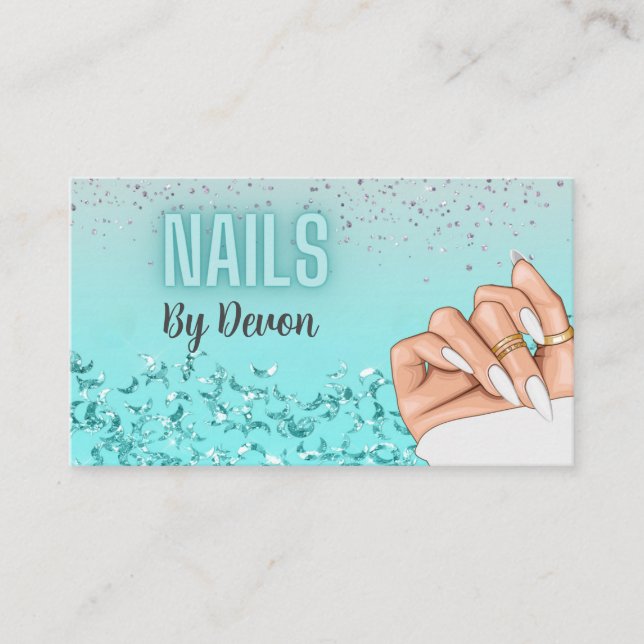 Neon Blue Glitter Glam Nail Salon Business Card (Front)