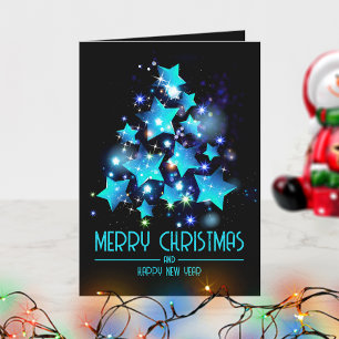 Neon Blue Glowing Star Tree Corporate Xmas Holiday Card