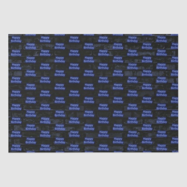 Neon Blue Happy Birthday On Brick Tissue Paper (Front)