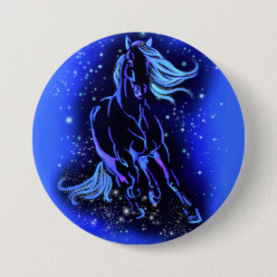 Neon Blue Horse Running At Moonlight Starry Night  3 Inch Round Button
