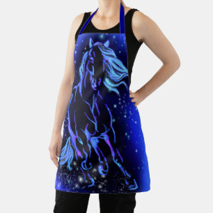 Neon Blue Horse Running At Moonlight Starry Night  Apron