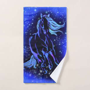 Neon Blue Horse Running At Moonlight Starry Night  Bath Towel Set