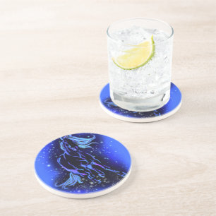 Neon Blue Horse Running At Moonlight Starry Night  Coaster