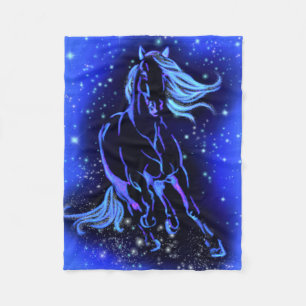 Neon Blue Horse Running At Moonlight Starry Night  Fleece Blanket