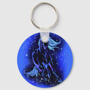 Neon Blue Horse Running At Moonlight Starry Night Keychain