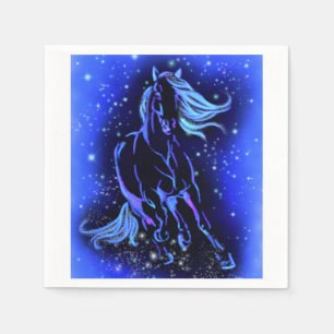 Neon Blue Horse Running At Moonlight Starry Night  Napkin