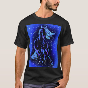 Neon Blue Horse Running At Moonlight Starry Night  T-Shirt