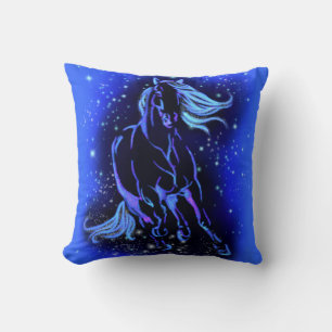 Neon Blue Horse Running At Moonlight Starry Night  Throw Pillow