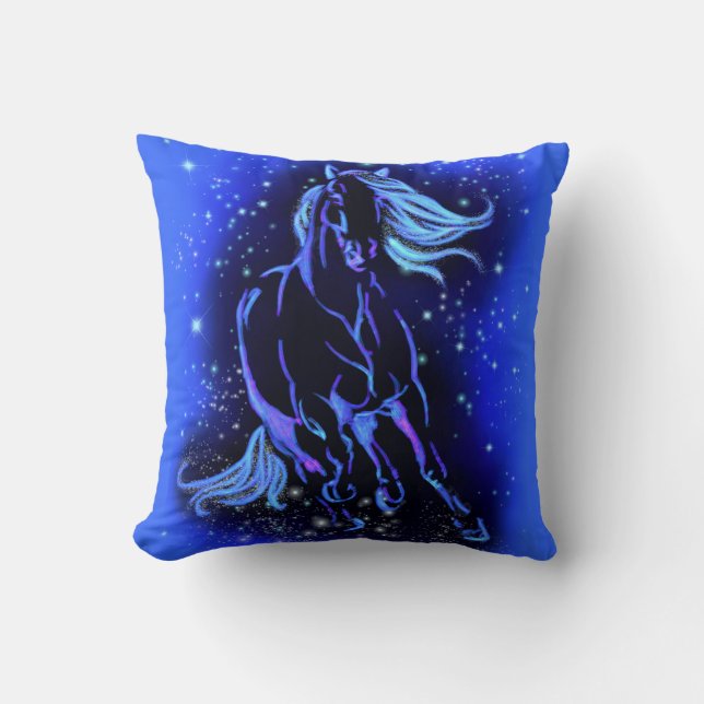Neon Blue Horse Running At Moonlight Starry Night  Throw Pillow (Front)