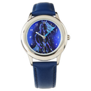 Neon Blue Horse Running At Moonlight Starry Night  Watch