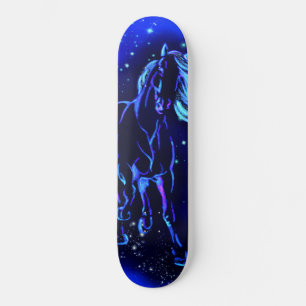 Neon Blue Horse Running In Moonlight Night Skateboard