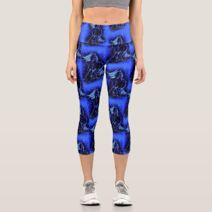 Neon Blue Horses Running At Starry Night Capri Leggings