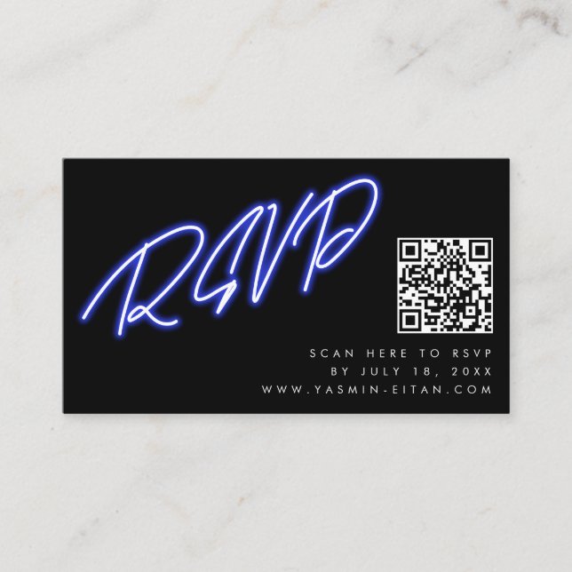 Neon Blue Lettering Black QR Code Wedding RSVP Enclosure Card (Front)