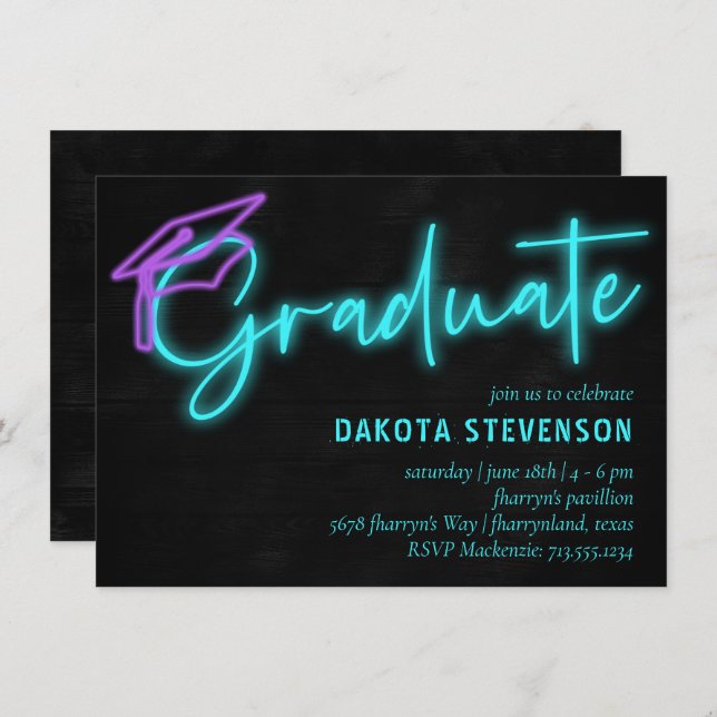 Neon Blue Light Glow | Modern Retro Graduation Invitation (Front/Back)