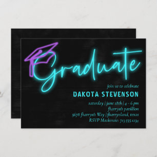 Neon Blue Light Glow   Modern Retro Graduation Invitation