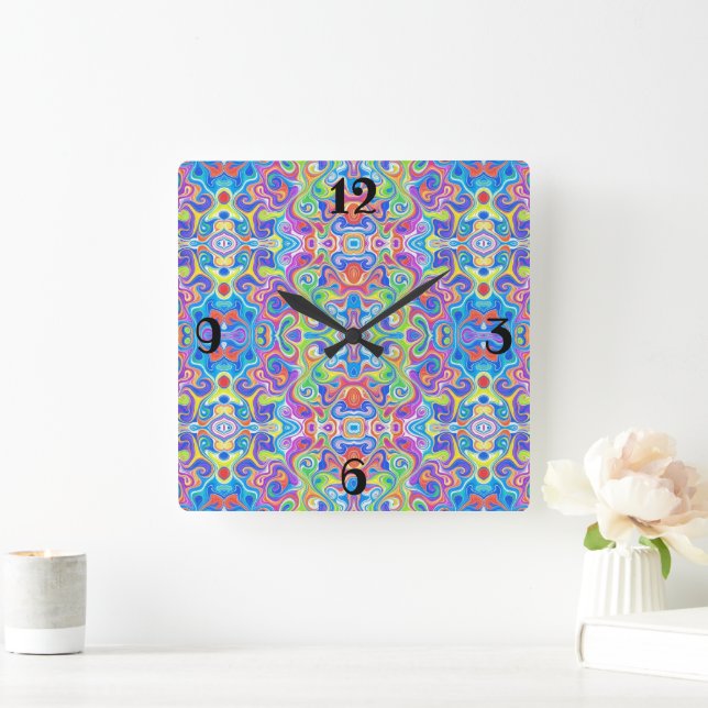 Neon Blue, Lime, Purple & Orange Swirl Pattern  Square Wall Clock (Home)
