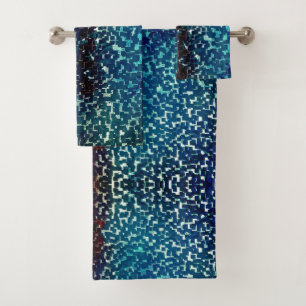 Neon blue mosaic style over rough hammered glass bath towel set