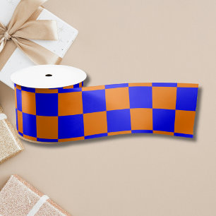 Neon Blue Orange Chequered Chequerboard Vintage Satin Ribbon