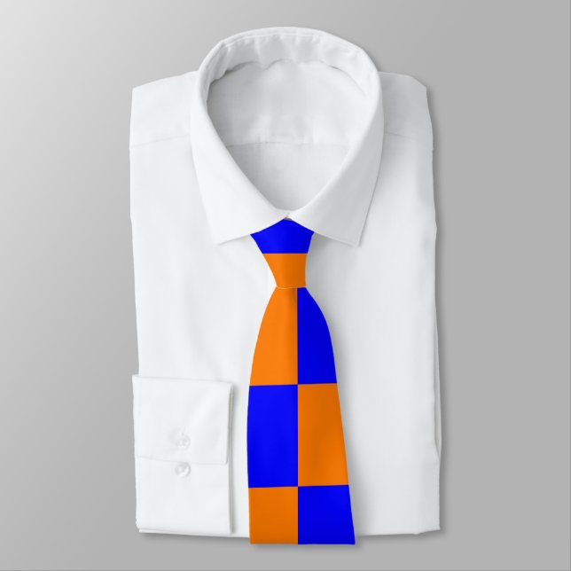 Neon Blue Orange Chequered Chequerboard Vintage Tie (Tied)