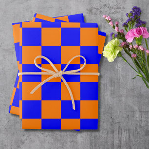Neon Blue Orange Chequered Chequerboard Vintage Wrapping Paper Sheet