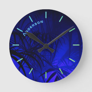 Neon BLUE PALM Leaf Personalized Wall Round Clock