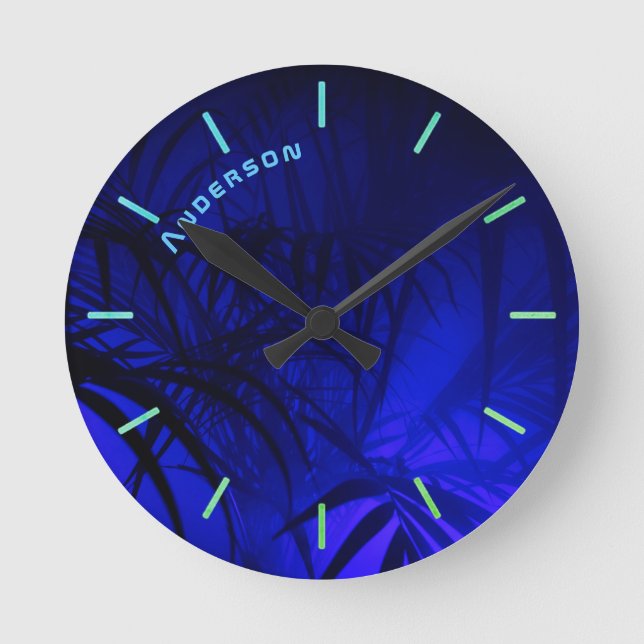 Neon BLUE PALM Leaf Personalized Wall Round Clock (Front)