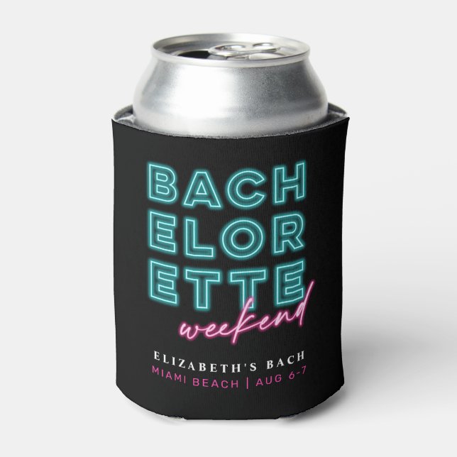 Neon Blue & Pink Bachelorette Weekend Can Cooler (Can Front)