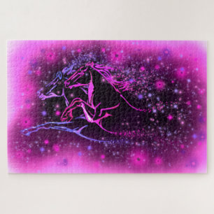 Neon Blue Rose Pair Horses Courir Jigsaw Puzzle