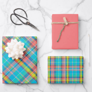 Neon Blue, Salmon & Green Plaid Wrapping Paper Sheet