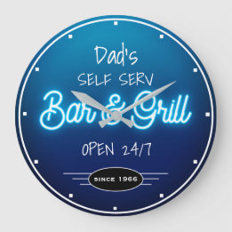 Neon Blue Script Dad's or Any Name Bar Grill Large Clock